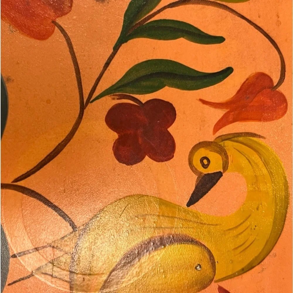 Vintage Trinket Box Hinged Lid Hand Painted Bird Signed 1965 Peach Yellow Green